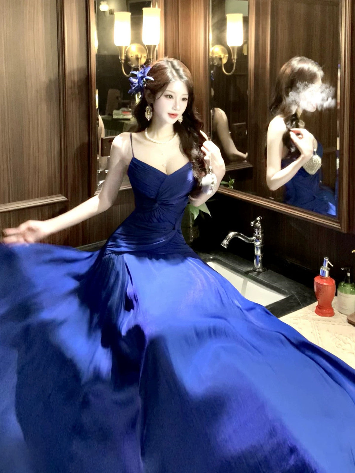 Blue Chiffon A-line V-neckline Straps Evening Dress, Blue Chiffon Long Prom Dress