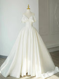 A-line White Satin Straps Long Wedding Party Dress, White Satin Long Prom Dress