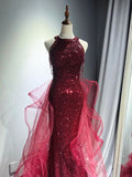 Wine Red Tulle and Sequins Halter Long Party Dress, Wine Red New Style Prom Dress