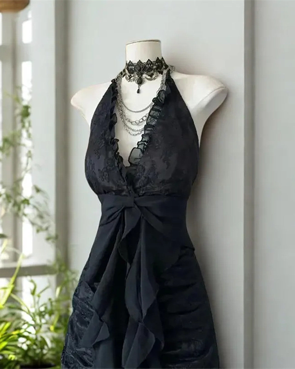 Lace Halter Black V-neckline Floor Length Party Dress, Black Lace A-line Prom Dress