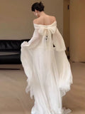 White Chiffon Off Shoulder Long Sleeves Party Dress, White Chiffon Wedding Dress