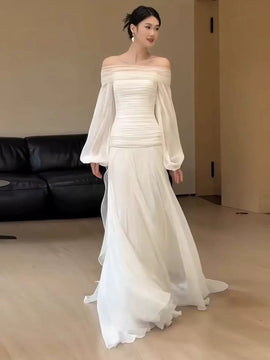 White Chiffon Off Shoulder Long Sleeves Party Dress, White Chiffon Wedding Dress