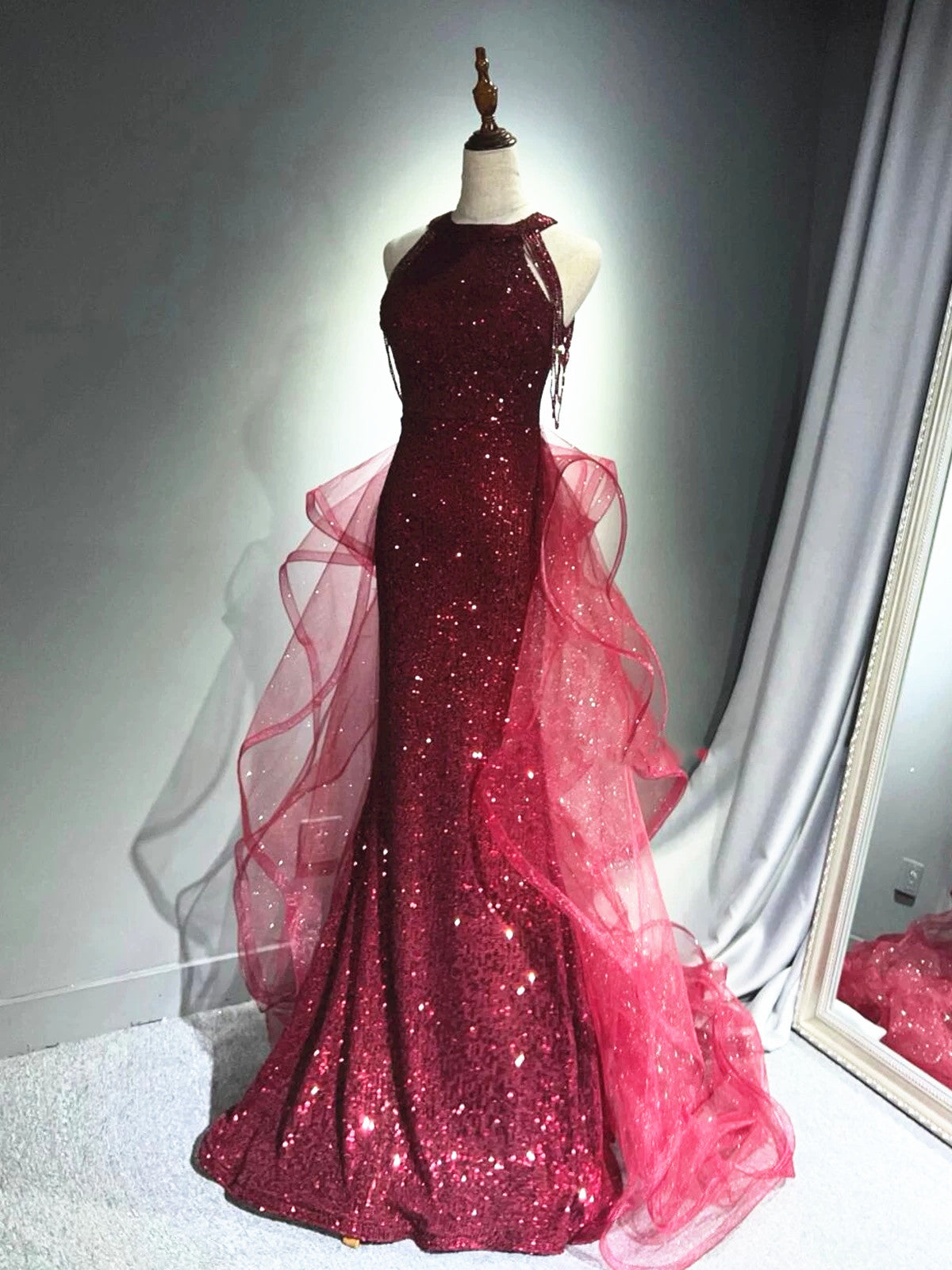 Wine Red Tulle and Sequins Halter Long Party Dress, Wine Red New Style Prom Dress