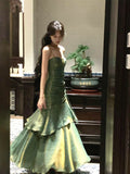 Green Satin Straps Long Layers Evening Dress, Green Satin Long Party Dress Prom Dress