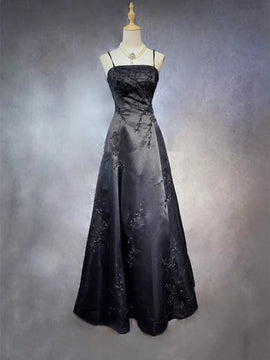 Black A-line Straps Beaded Floor Length Party Dress, Black Satin Long Prom Dress