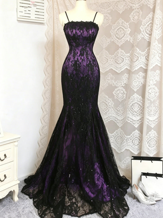 Charming Glam Purple and Black Lace Mermaid Prom Dress, Black and Purple Formal Dress with Spaghetti Straps