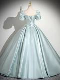 Beautiful Satin Short Sleeves Party Dress, A-line Green Satin Prom Dress with Lace Applique