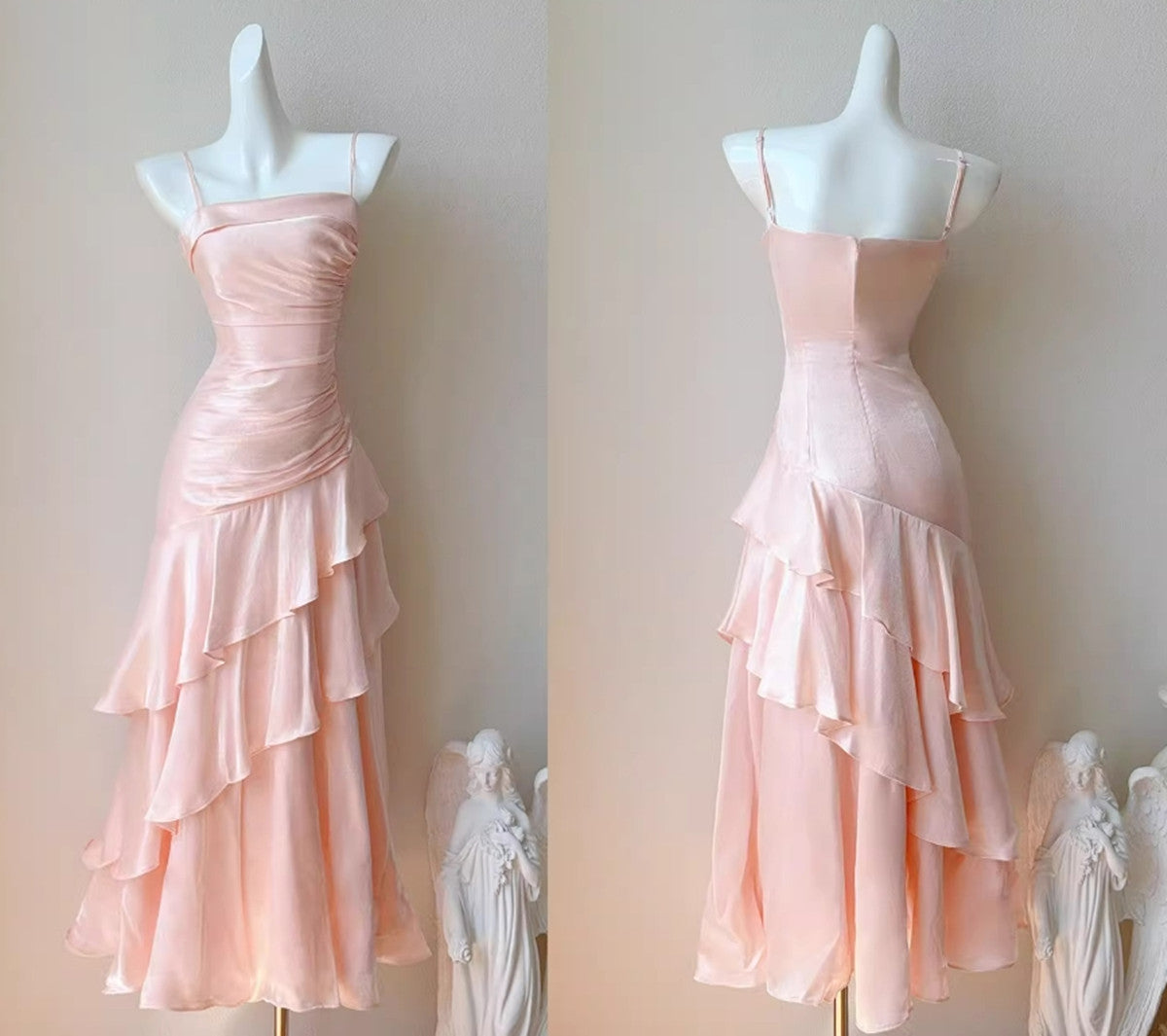 Pink Satin Mermaid Straps Chic Long Formal Dress, Pink Mermaid Prom Dress