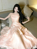 Pink Satin Mermaid Straps Chic Long Formal Dress, Pink Mermaid Prom Dress
