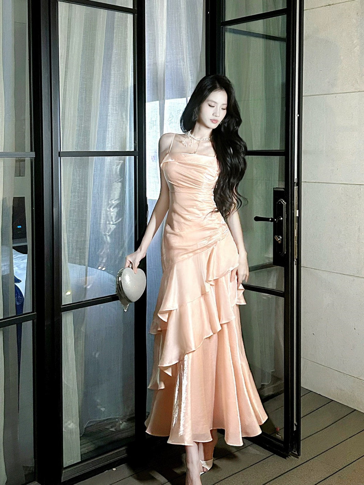 Pink Satin Mermaid Straps Chic Long Formal Dress, Pink Mermaid Prom Dress