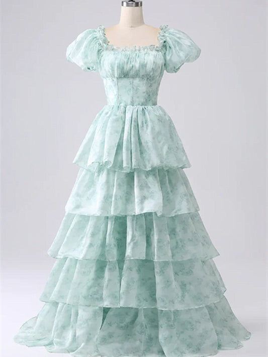 Light Green Scoop Long Party Dress, A-line Green Layers Prom Dress Evening Dress