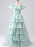 Light Green Scoop Long Party Dress, A-line Green Layers Prom Dress Evening Dress