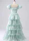 Light Green Scoop Long Party Dress, A-line Green Layers Prom Dress Evening Dress