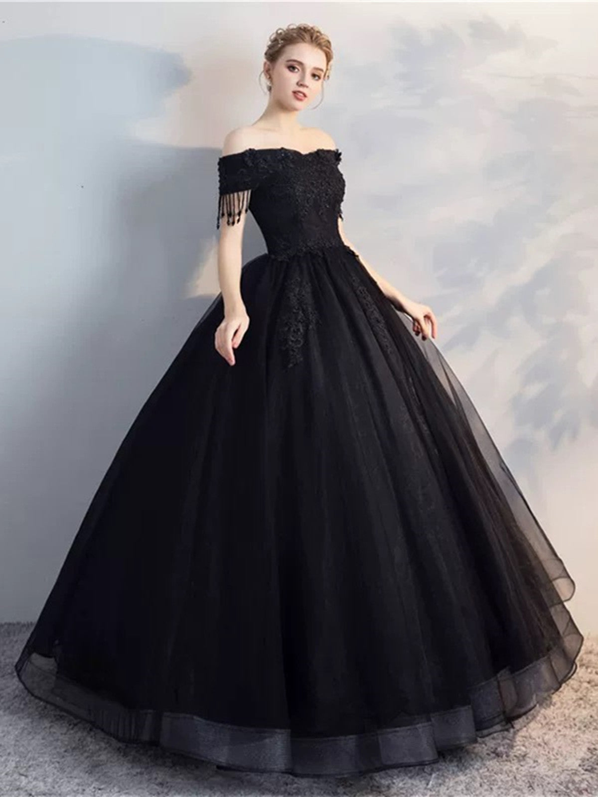 Black Off Shoulder Tulle with Lace Applique Long Party Dress, Black Tu