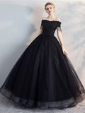 Black Off Shoulder Tulle with Lace Applique Long Party Dress, Black Tulle Prom Dress