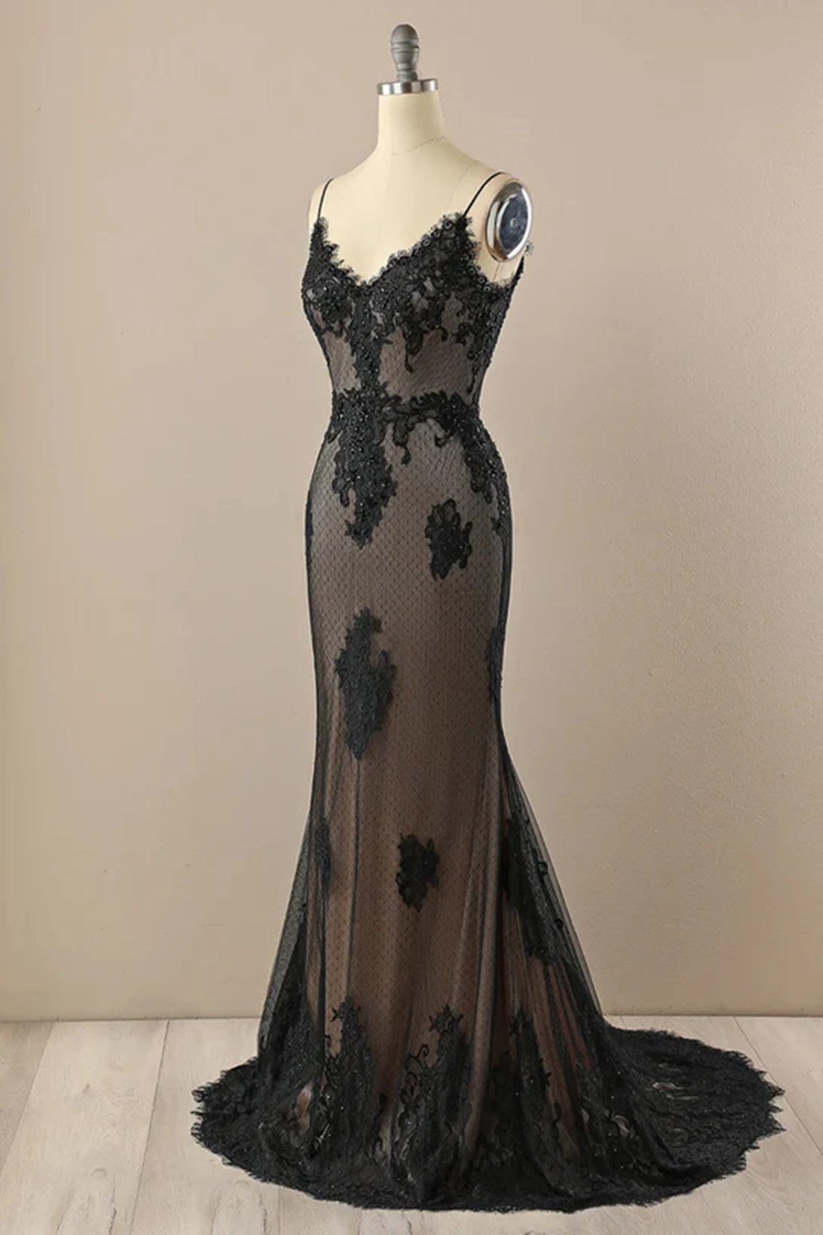 Black and Champagne Sweetheart Mermaid Party Dress, Long Straps Evening Dress Prom Dress