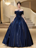 A-line Blue Satin Off Shoulder Long Prom Dress, Blue Satin Evening Dress Formal Dress