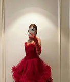 Wine Red Sweetheart Tulle Straps Long Party Dress, Wine Red Tulle A-line Prom Dress Formal Dress