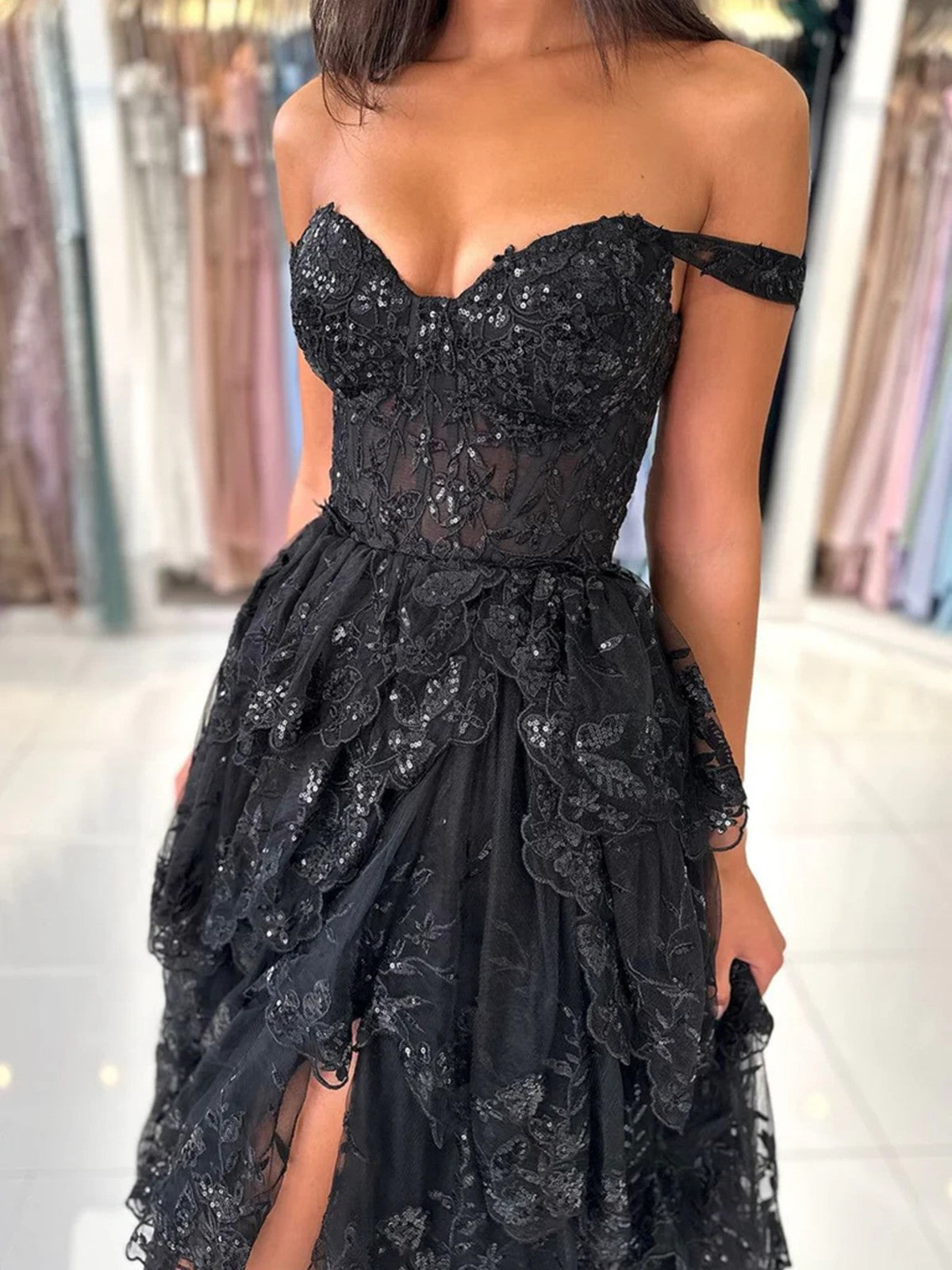 A-line Black Tulle with Lace Applique Party Dress, Black Tulle Sweetheart Long Prom Dress