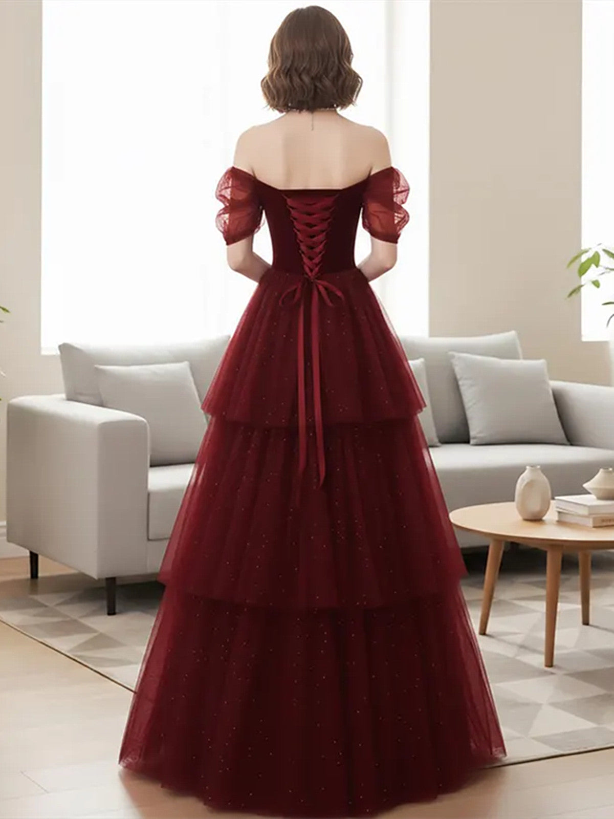 Wine Red Sweetheart Tulle Layers Long Prom Dress, Wine Red Tulle Floor Length Party Dress