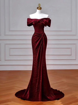 Wine Red Off Shoulder Mermaid Long Evening Dress, Wine Red Formal Dress Prom Dress
