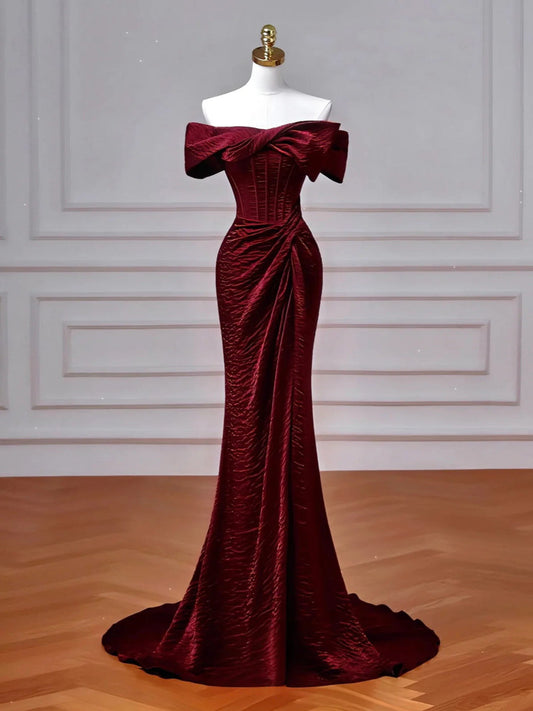 Wine Red Off Shoulder Mermaid Long Evening Dress, Wine Red Formal Dress Prom Dress