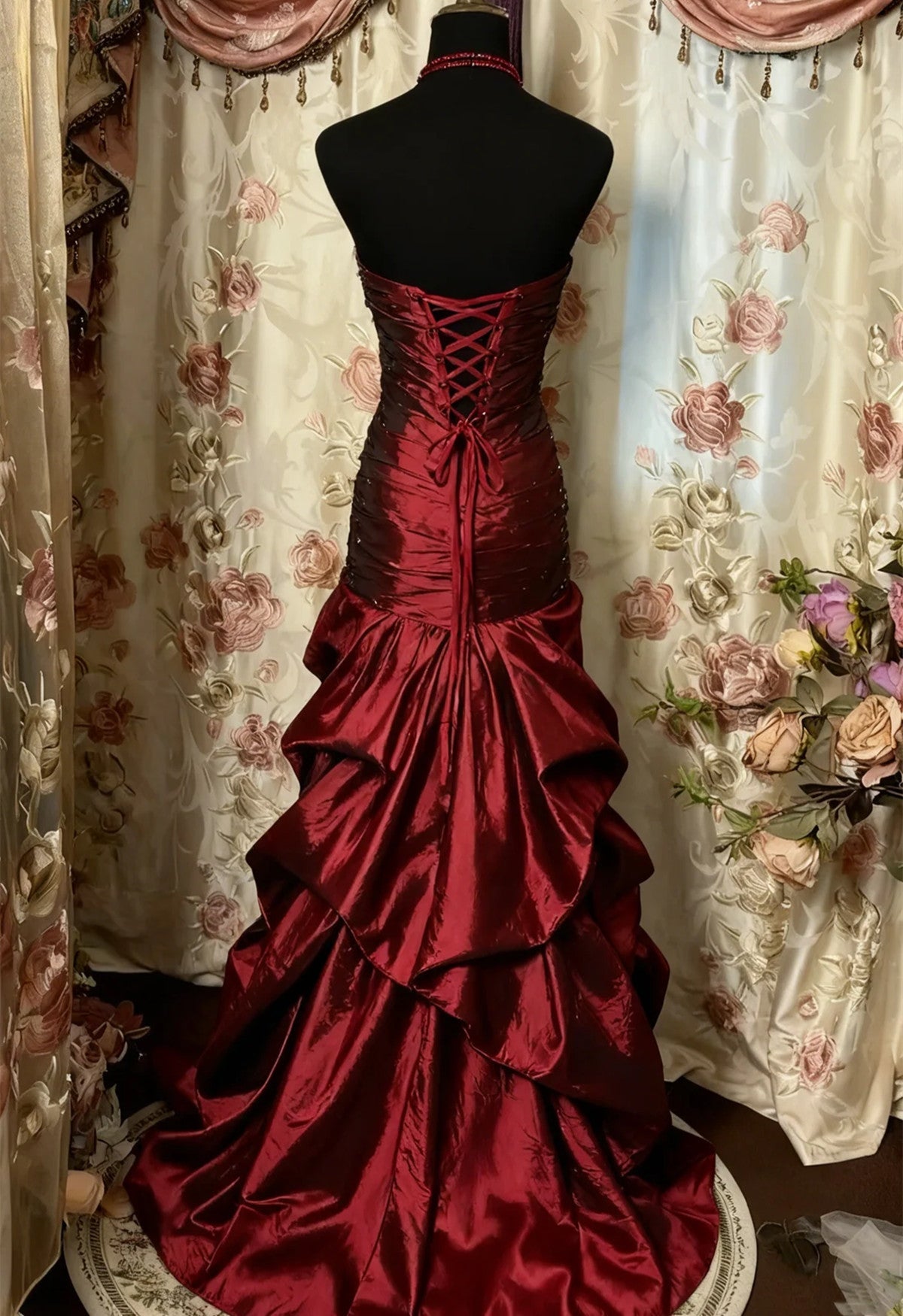 Wine Red Beaded Sweetheart Taffeta Long Formal Dress, Wine Red A-line Lace-up Prom Dress