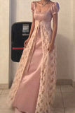 Pink Satin and Lace A-line Short Sleeves Long Prom Dress, Pink A-line Formal Dress