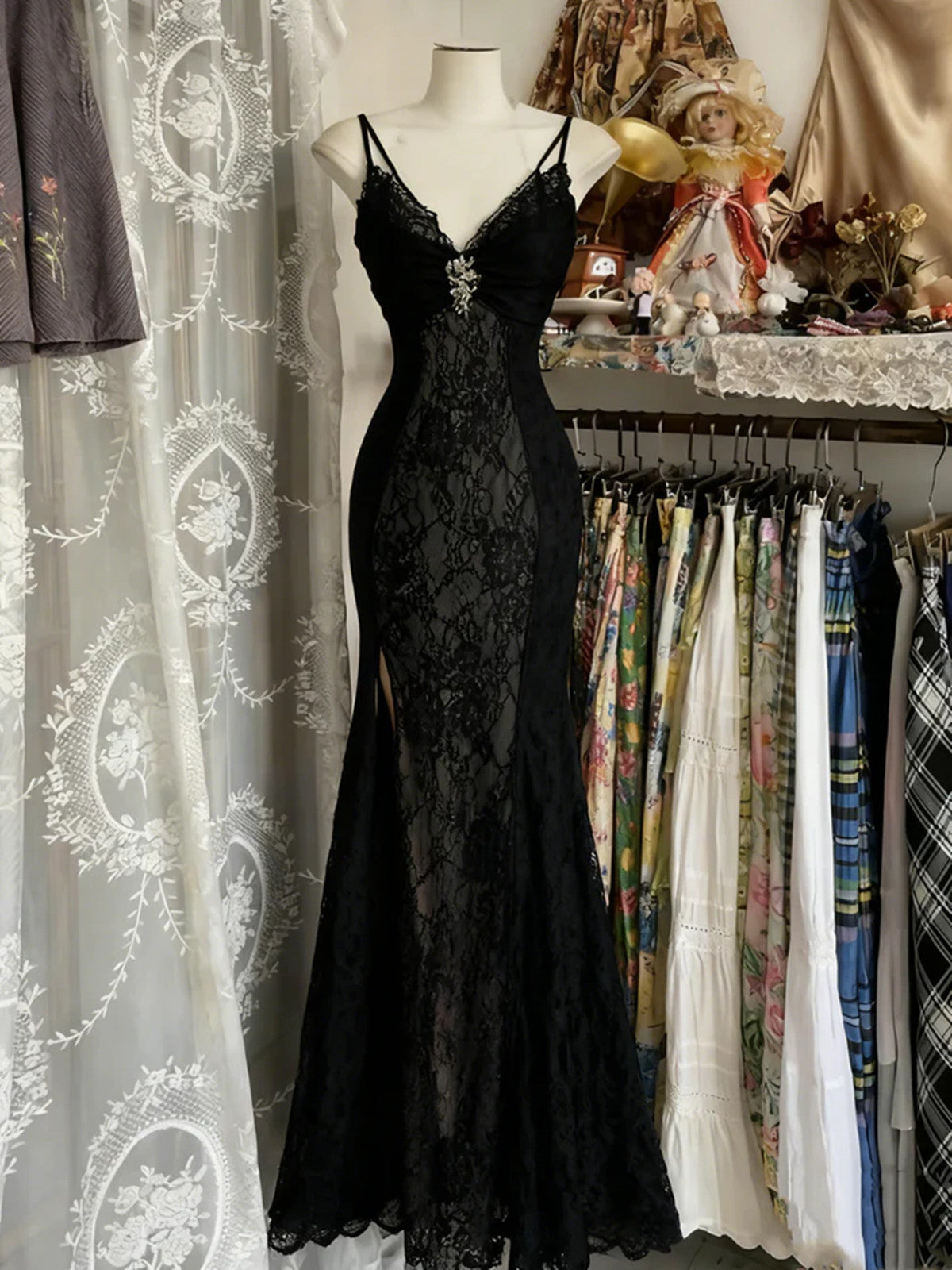 Lovely V-neckline Straps Spandex with Lace Prom Dress, Long Formal Gowns with Leg Slit