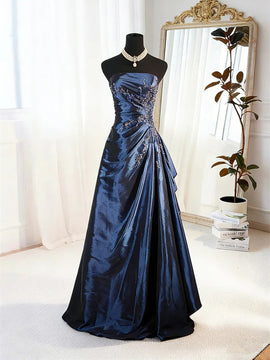 A-line Blue Satin Beaded Floor Length Prom Dress, Blue Satin Scoop Long Party Dress