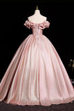 Pink Satin Off Shoulder Long Formal Dress, Pink Beaded A-line Prom Dress Evening Dress