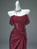 Wine Red Off Shoulder Satin Mermaid Evening Dress, Wine Red Sweetheart Long Prom Dress