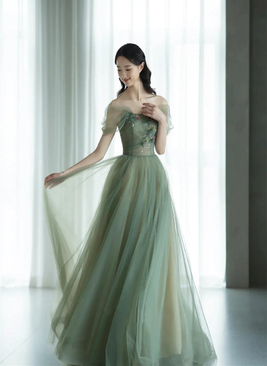 Green Off Shoulder with Flowers Tulle Long Party Dress, Green Prom Dress