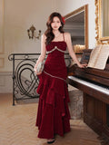 Wine Red Mermaid Velvet Layeres Beaded Party Dress, Wine Red Velvet Formal Dress