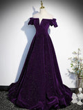 Glam Purple Velvet Off Shoulder Long Evening Dress, A-line Purple Velvet Prom Dress