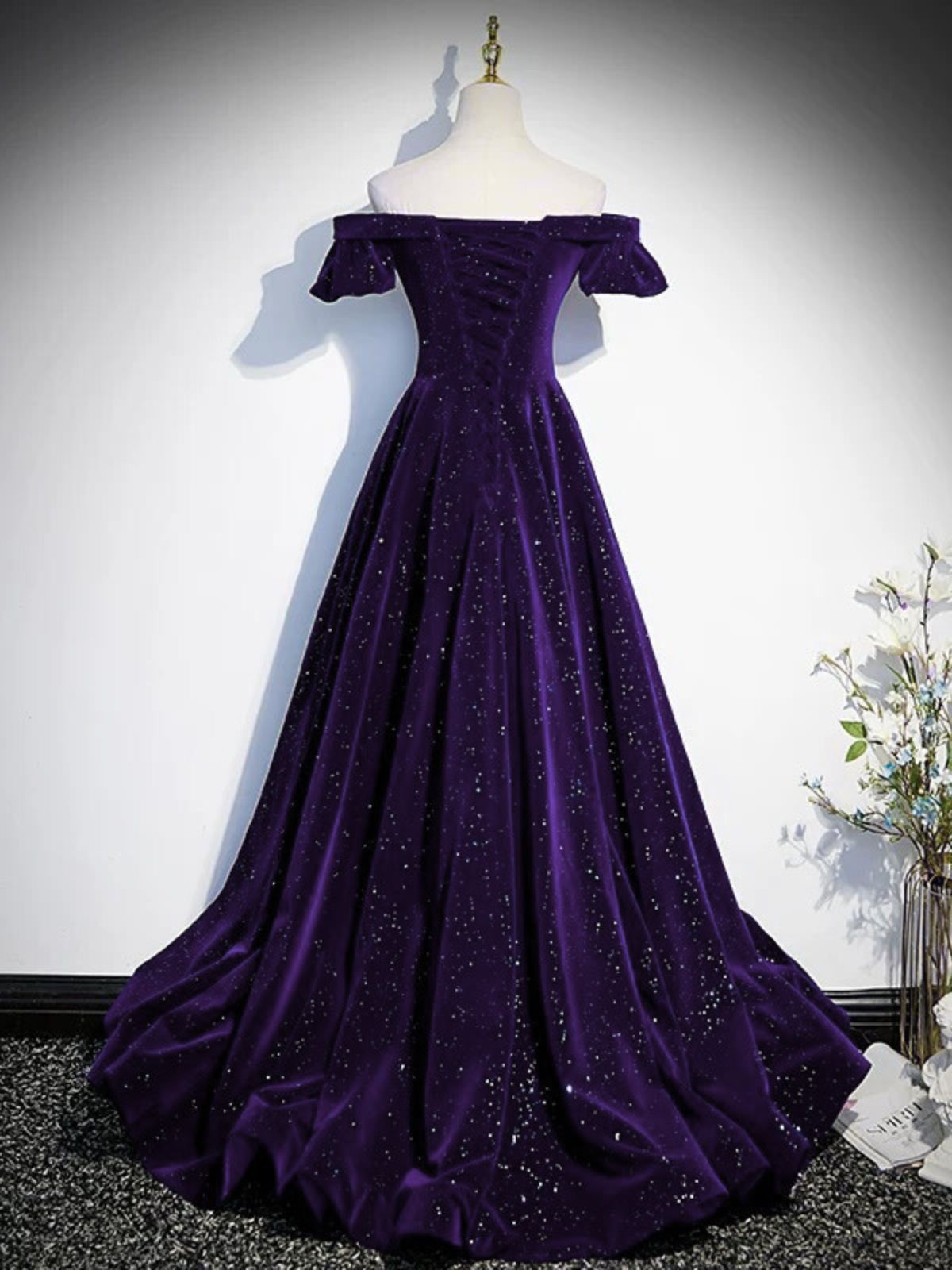 Glam Purple Velvet Off Shoulder Long Evening Dress, A-line Purple Velvet Prom Dress