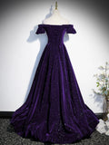 Glam Purple Velvet Off Shoulder Long Evening Dress, A-line Purple Velvet Prom Dress