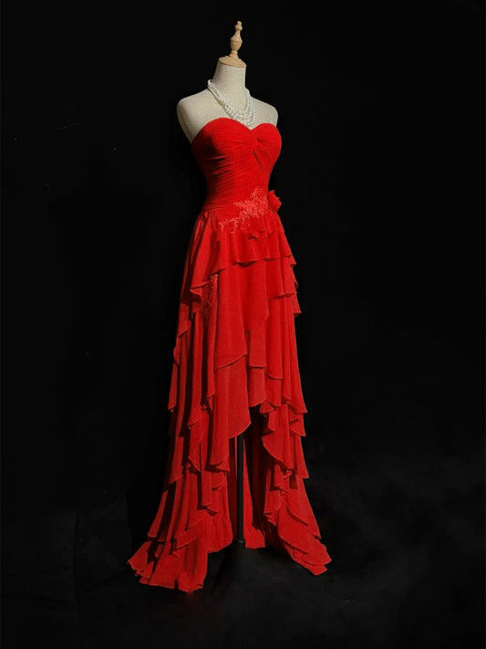 Chic Red High Low Chiffon Wedding Party Dress, Red Layers Long Formal Dress