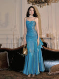 Blue Mermaid Straps Sweetheart Long Prom Dress, Blue Party Dress Evening Dress