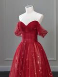 Red Sweetheart Tulle Off Shoulder Party Dress, Red A-line Tulle Long Prom Dress