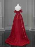 Red Sweetheart Tulle Off Shoulder Party Dress, Red A-line Tulle Long Prom Dress