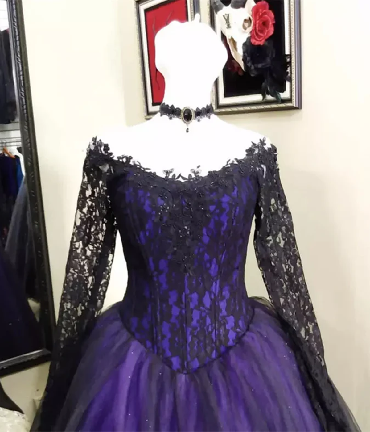 purple and black dresses for sweet 16 Aviva Purple and Black Gothic Wedding Dress | Dramatic Ball Gown With Lace Appliqu | Alternative Bridal Gown for Fantasy Weddings