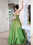 Green Simple Pretty A-line Satin Prom Dress with Bow, Green Long Wedding Party Dress