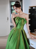 Green Simple Pretty A-line Satin Prom Dress with Bow, Green Long Wedding Party Dress