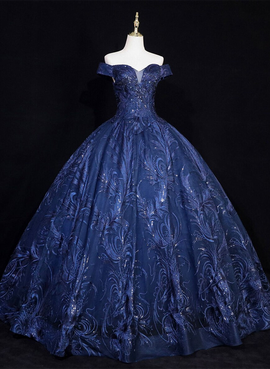 Lovely Navy Blue Floral Tulle Ball Gown Sweet 16 Dress,Navy Blue Off Shoulder Long Formal Dress