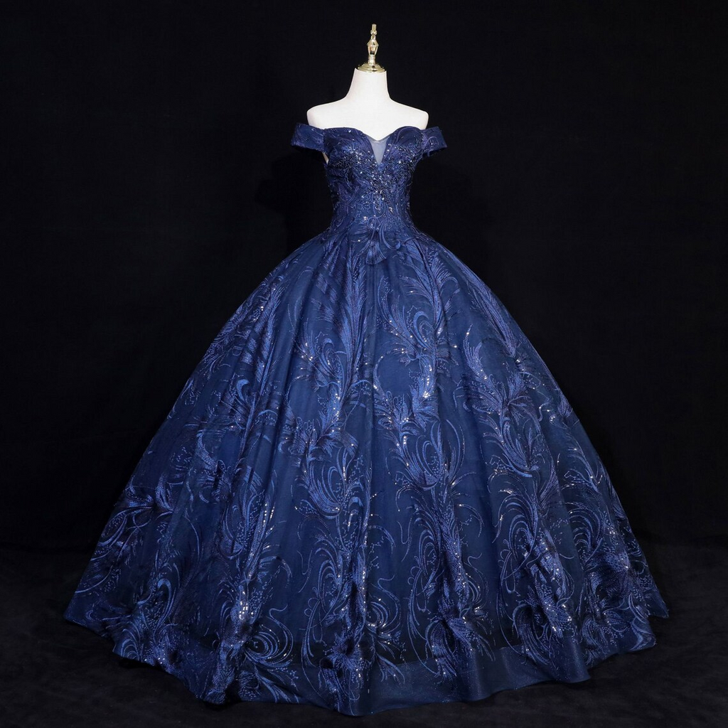 Lovely Navy Blue Floral Tulle Ball Gown Sweet 16 Dress,Navy Blue Off S