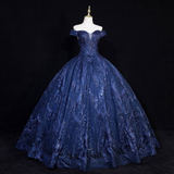 Lovely Navy Blue Floral Tulle Ball Gown Sweet 16 Dress,Navy Blue Off Shoulder Long Formal Dress