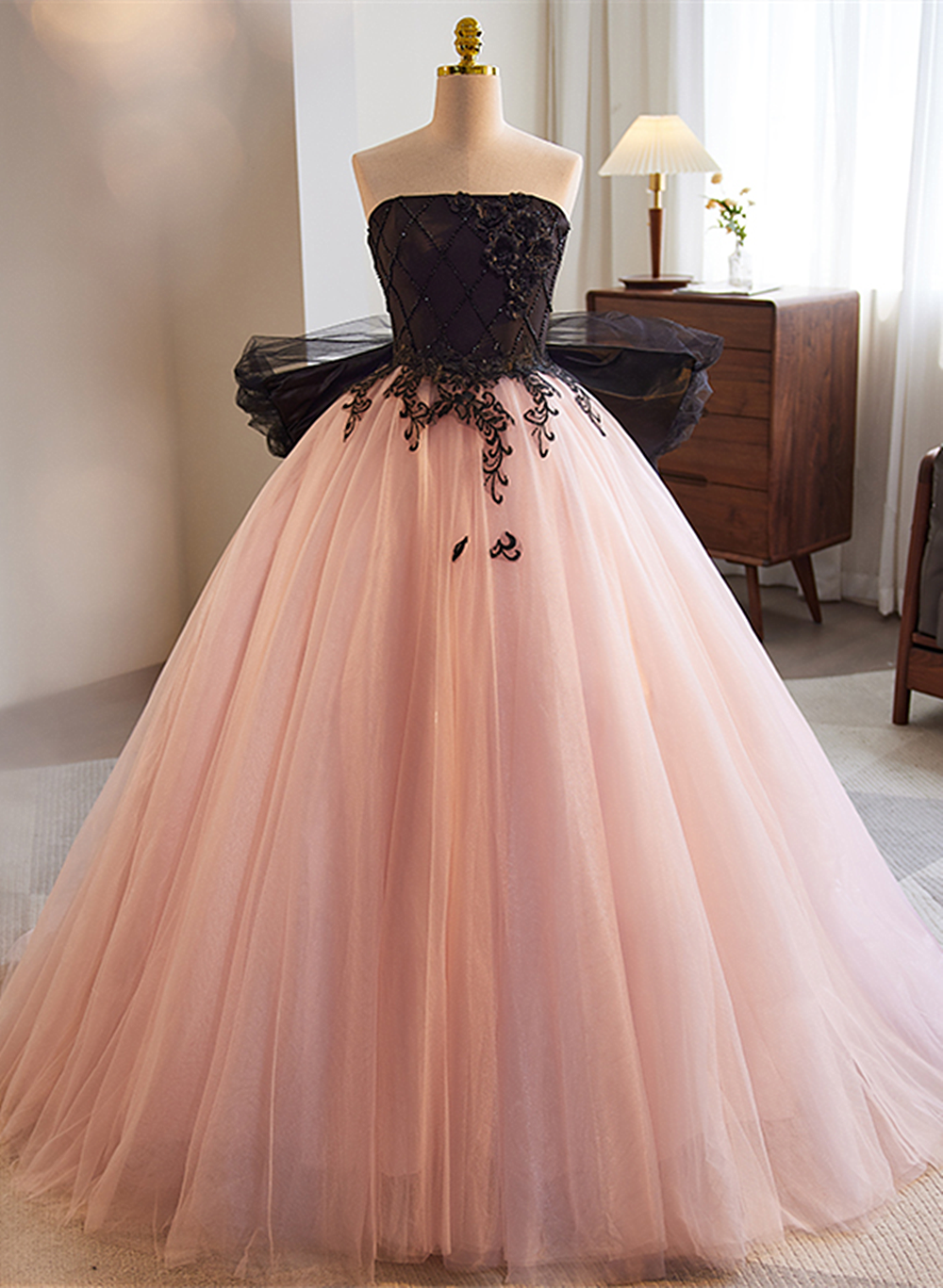 Pretty Pink and Black Ball Gown Tulle with Lace Formal Dress, Pink Sweet 16 Dresses