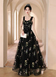 A-line Black Floral Tulle Floor Length Prom Dress, Off the Shoulder Evening Party Dress