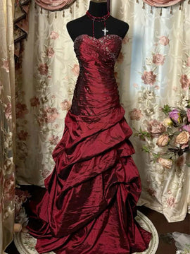 Wine Red Beaded Sweetheart Taffeta Long Formal Dress, Wine Red A-line Lace-up Prom Dress